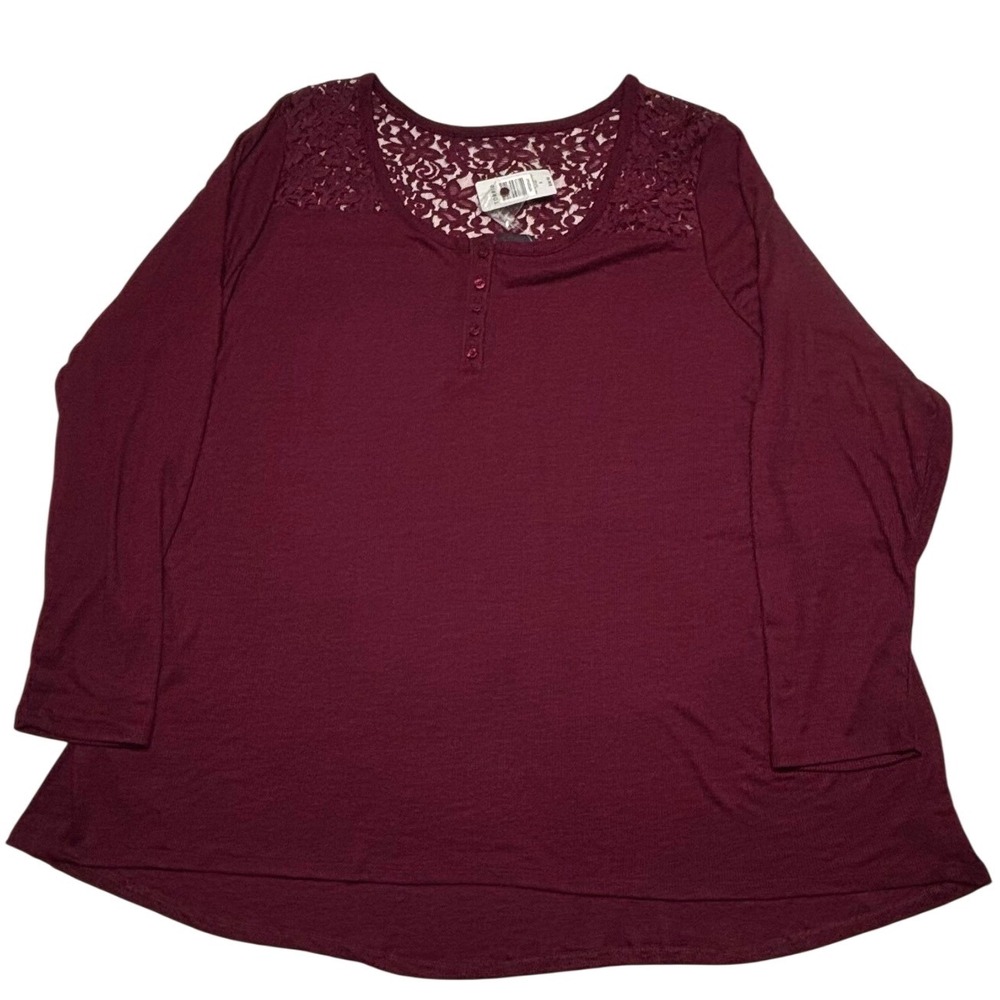 Torrid Merlot Burgundy Lace Inset Henley Long Sleeve Ribbed‎ Top Plus Size 5 NWT